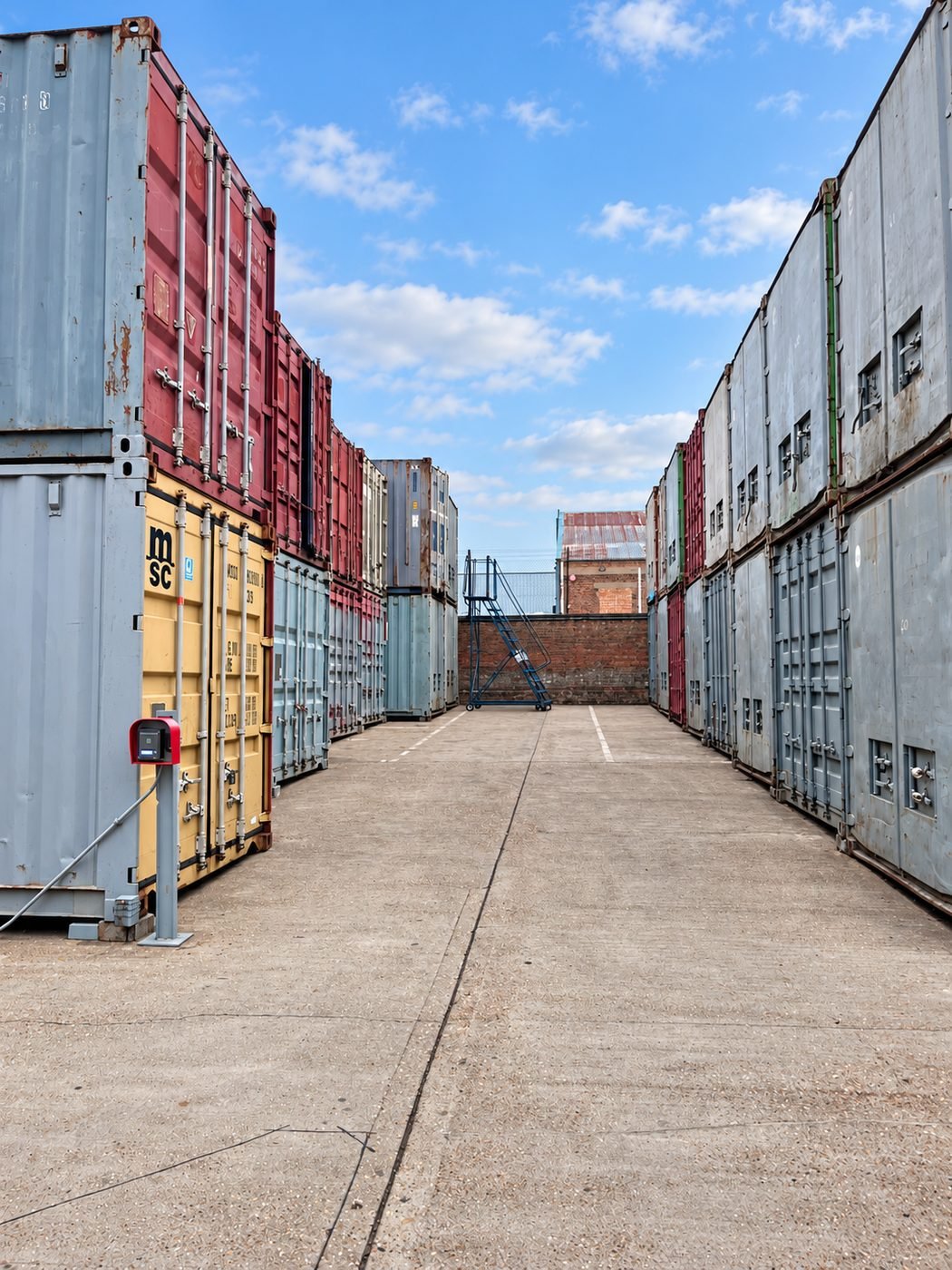 Aisle between stacked storage containers at Double 4 Ltd